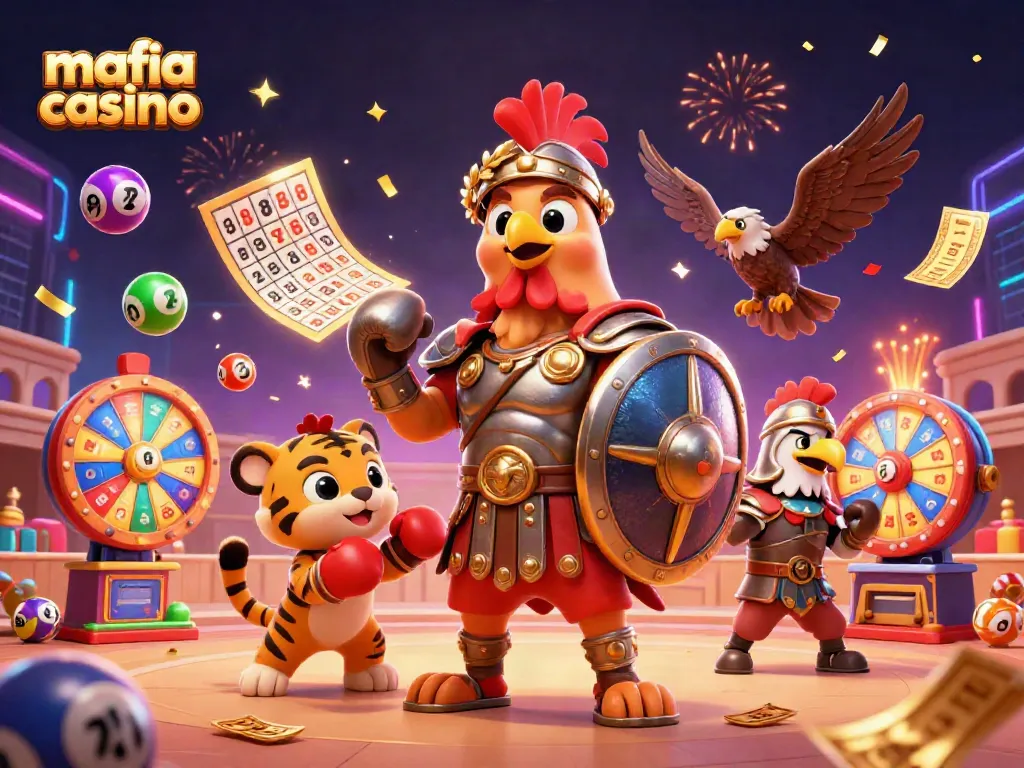 Mafia Casino offers exciting gameplay with a dynamic scene featuring a gladiator rooster and colorful lottery elements.
