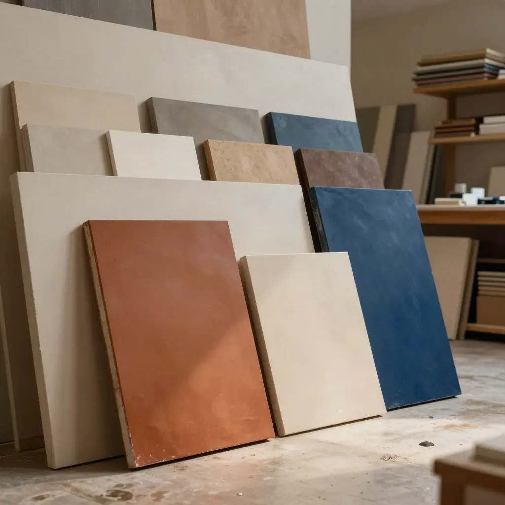 Studio cromatico luminoso con campioni avorio, terracotta e blu petrolio in luce naturale.