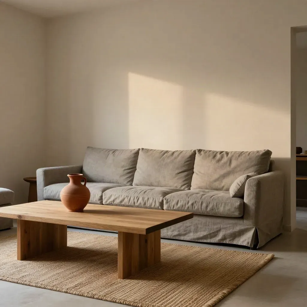 Soggiorno luminoso con parete avorio, divano greige, tavolino in legno e vaso terracotta.