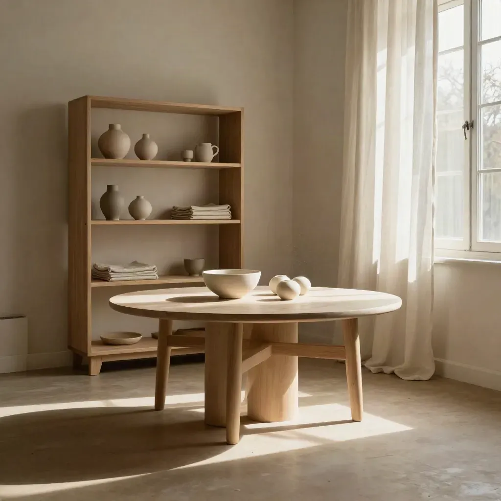 Bilocale riordinato con tavolo ovale, libreria essenziale, ceramiche opache e tenda in lino.