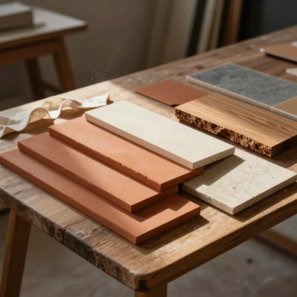 Campioni colore terracotta su legno e pietra, ordinati dall’alto con luce calda e atmosfera d’atelier.