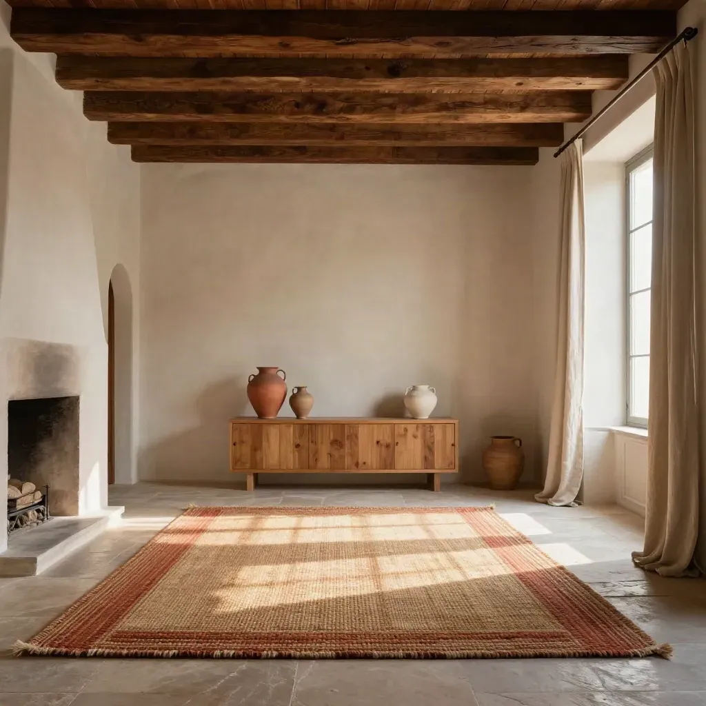 Soggiorno fiorentino finito con travi in legno, pareti chiare e luce calda.