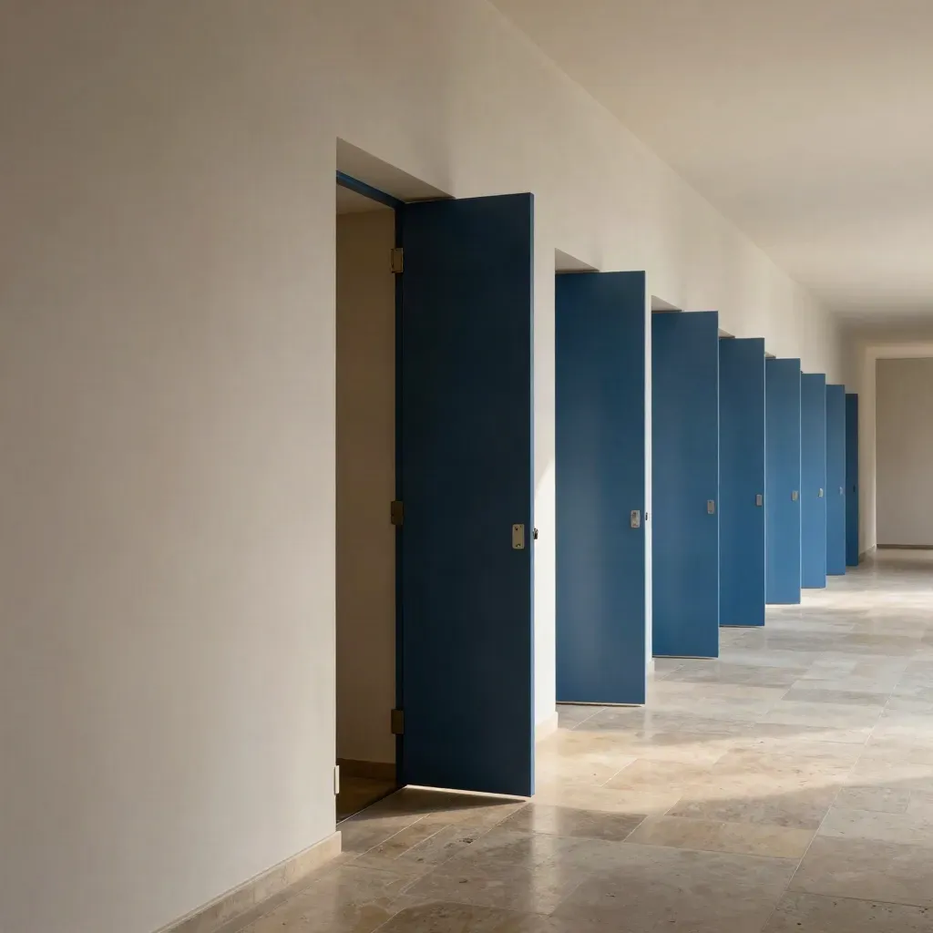 Corridoio ufficio ordinato a Bologna con porte filo muro e luce radente