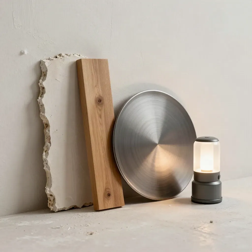 Frammento di muro, listello in rovere e piastra metallica con lampada portatile spenta.