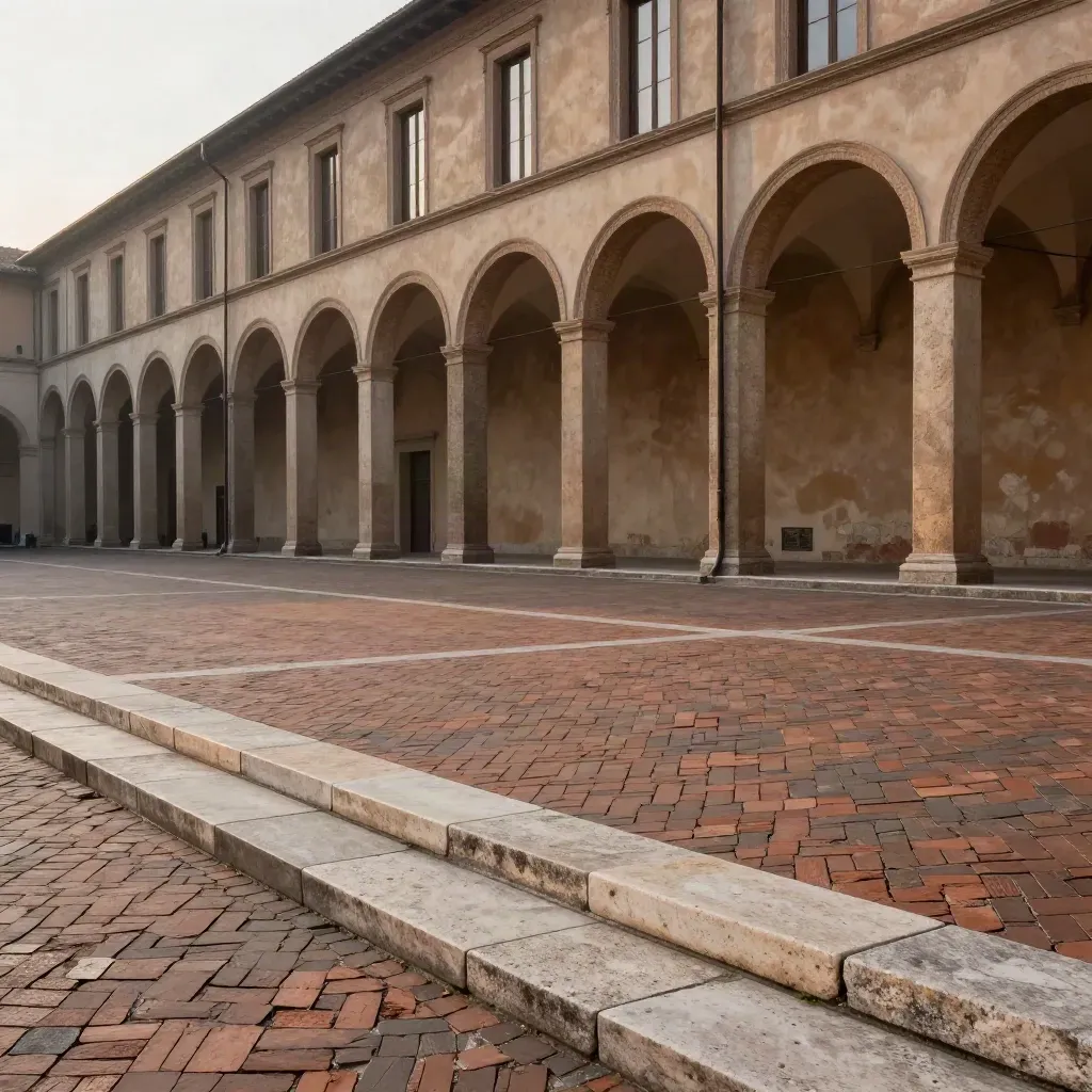 Mattoni, pietra chiara e portici bolognesi sfumati in alto al crepuscolo.